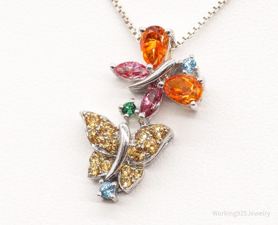 Vintage Multiple Gemstone Butterflies Sterling Si… - image 1
