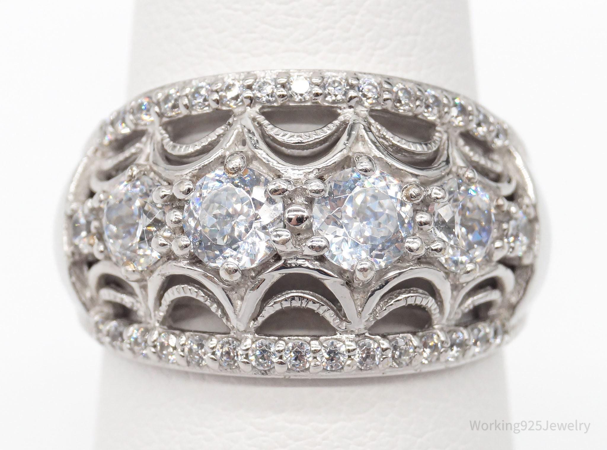 KUNSIR Sterling Silver Rings For Women - Retro Crossover Cubic Zirconia Ring, Size 9