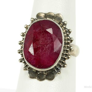 Vintage Large Ruby Sterling Silver Ring - Size 7