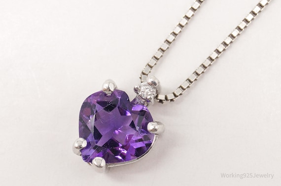 Vintage Amethyst Diamond Sterling Silver Heart Ne… - image 2
