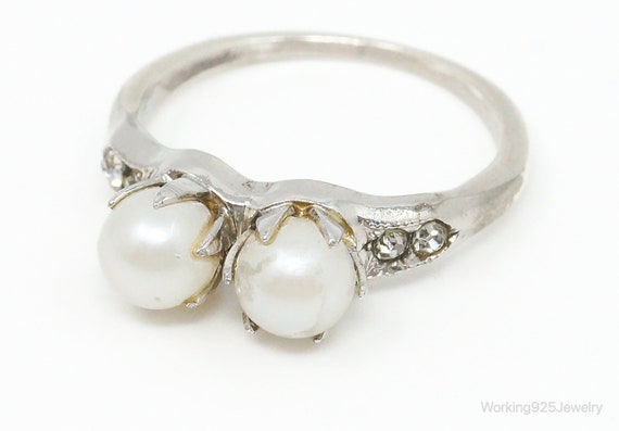 Antique Pearl Rhinestone Sterling Silver Ring - S… - image 1