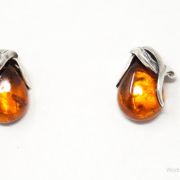 Vintage Amber Modernist Sterling Silver Earrings