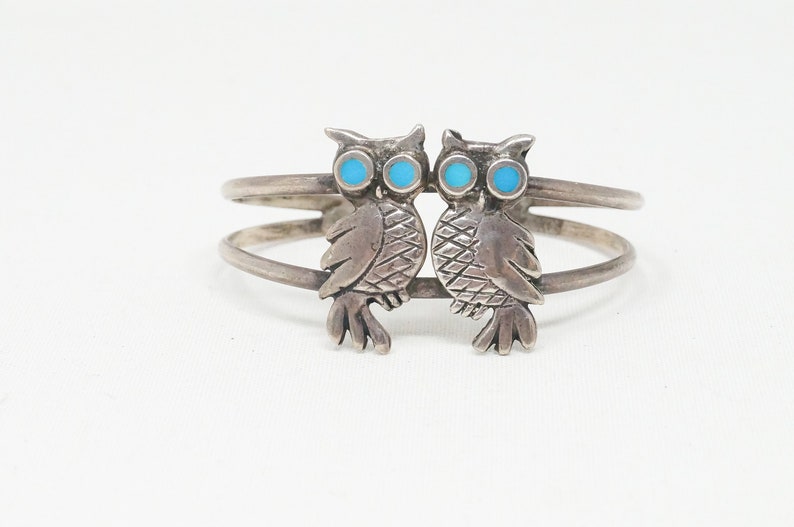 Vintage Native Turquoise Owl Cut Out Handmade Sterling Silver Cuff Bracelet