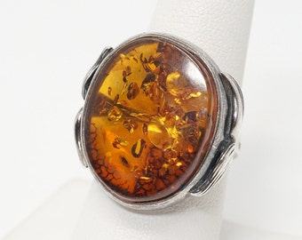 Vintage Large Honey Baltic Amber Sterling Silver Ring Size 7.5