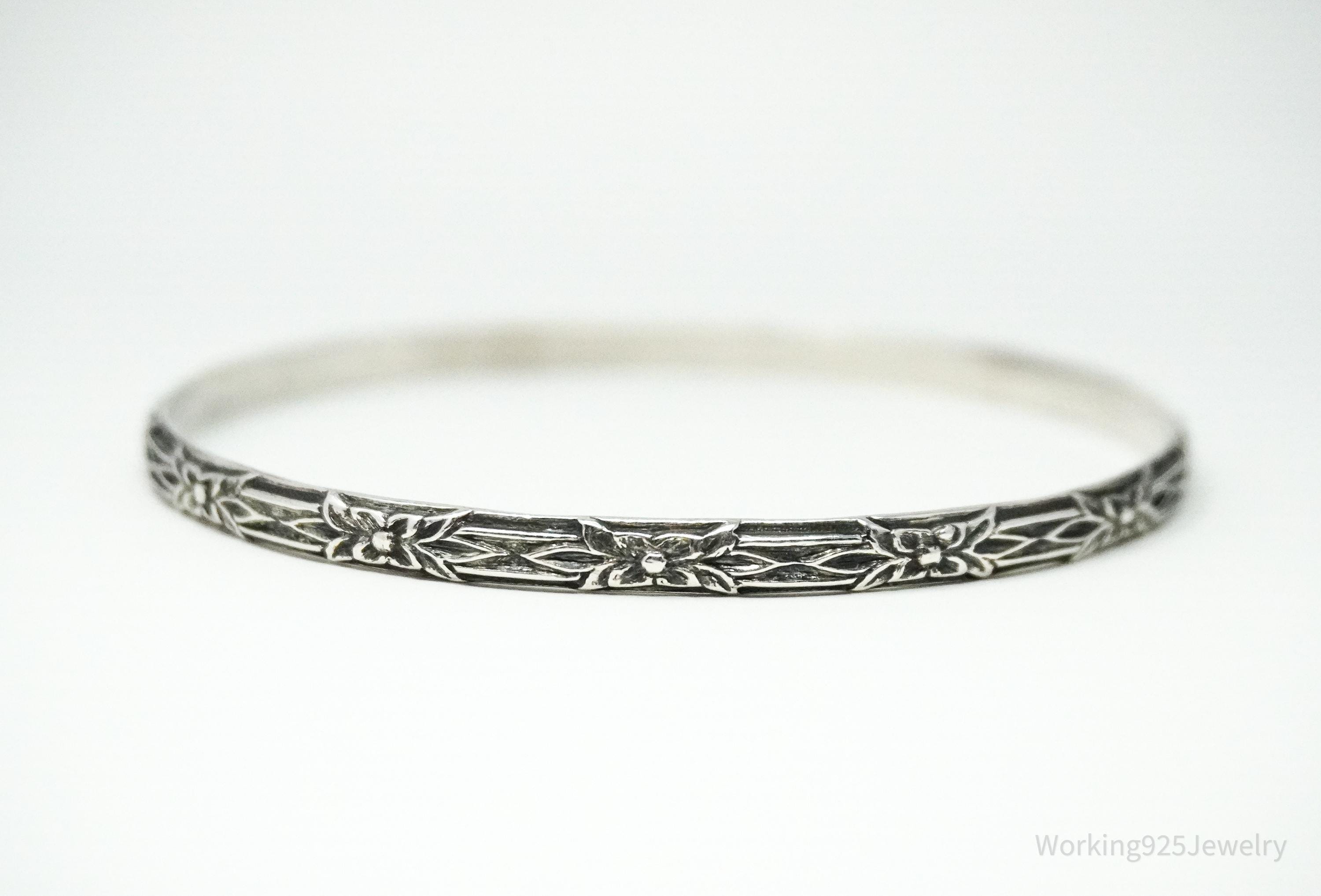 Antique Sterling Silver Floral Bangle Bracelet 7 5/8