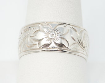 Vintage Designer Art Nouveau Floral Etched Sterling Silver Band Ring - Sz 10.75