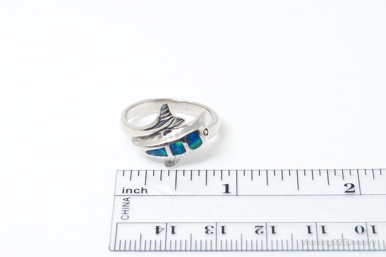 Vintage Blue Opal Dolphin Sterling Silver Ring Size 8.5