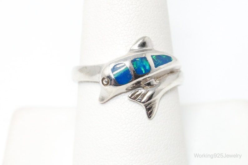 Vintage Blue Opal Dolphin Sterling Silver Ring Size 8.5