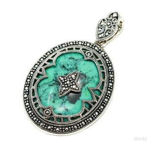 Vintage CFJ Large Turquoise & Marcasite Sterling Silver Pendant