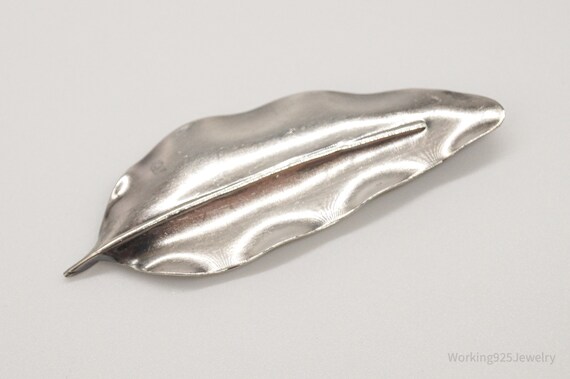 Large Antique Handmade Sterling Silver Leaf Pin B… - image 3