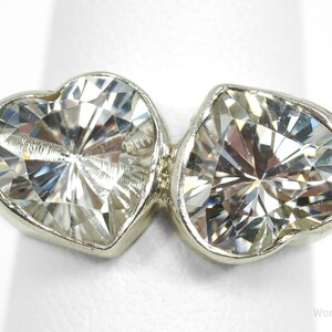 Vintage Cubic Zirconia Linked Hearts Sterling Silver Ring - Size 6