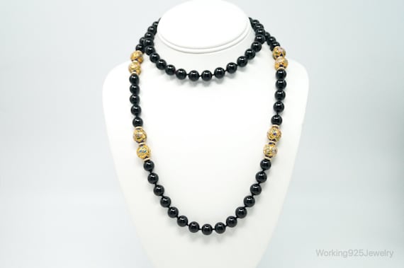 Vintage Long Black Onyx Cloisonne Beads Necklace - image 2