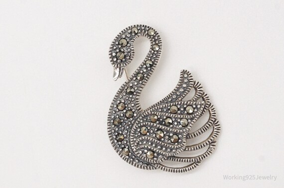 Vintage Marcasite Swan Sterling Silver Brooch Pin - image 3