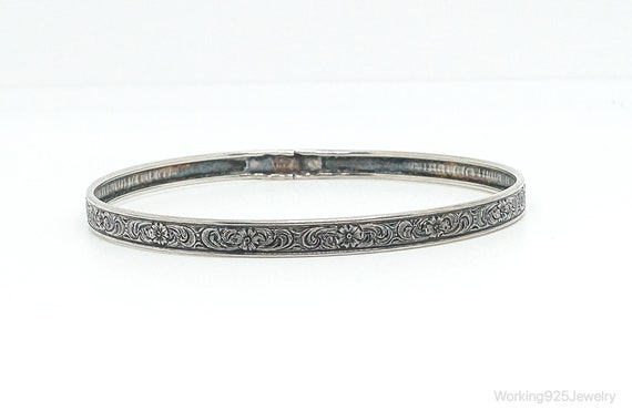 Antique Floral Pattern Sterling Silver Bangle Bra… - image 2