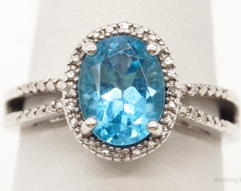 Vintage Blue Topaz Four Diamond Sterling Silver Ring - Size 7