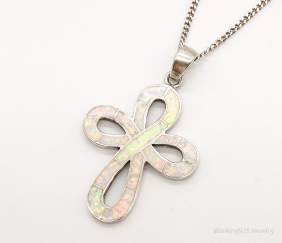 Vintage Opal Inlay Sterling Silver Cross Necklace - image 1