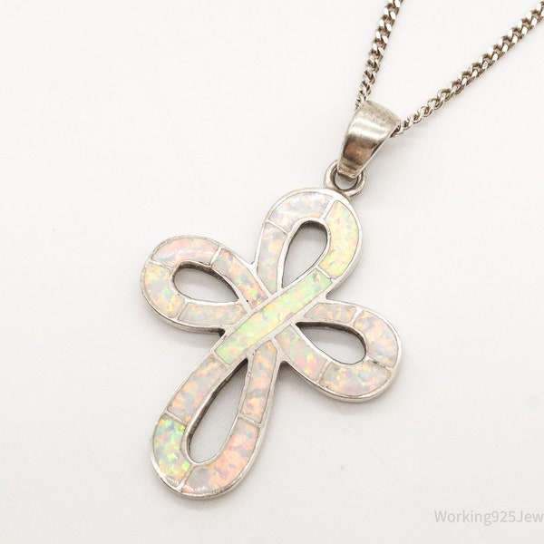 Vintage Opal Inlay Sterling Silver Cross Necklace