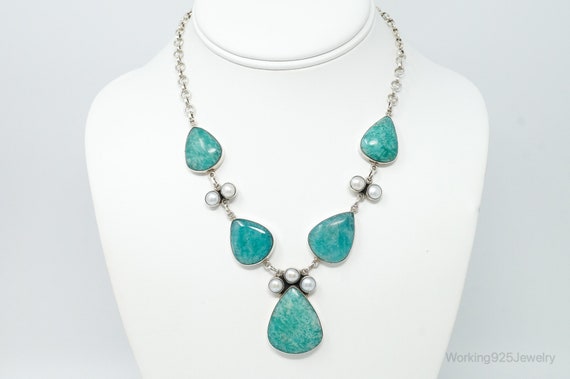 Vintage Amazonite Pearl Sterling Silver Necklace - image 1