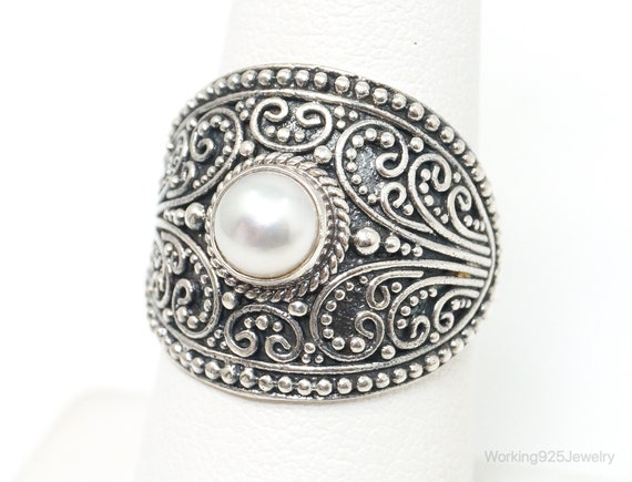 Vintage Bali Style Pearl Sterling Silver Ring - S… - image 1