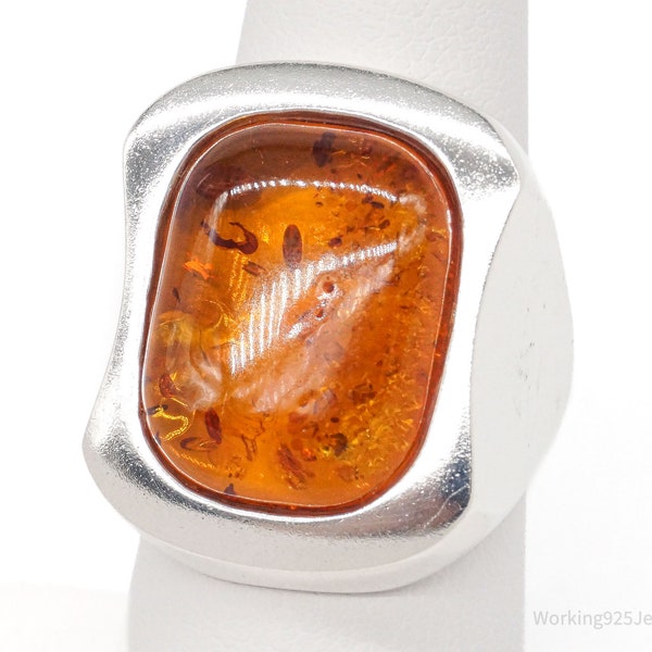 Vintage Large Amber Modernist Sterling Silver Ring - Size 7.25