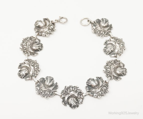 Antique Roses Sterling Silver Panel Bracelet - image 1
