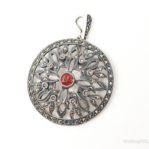 Large Judith Jack Garnet Marcasite Art Deco Sterling Silver Pendant