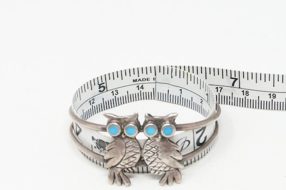 Vintage Native Turquoise Owl Cut Out Handmade Sterling Silver Cuff Bracelet