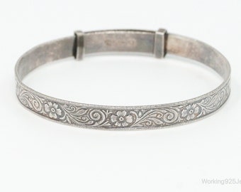 Antique Flowers Motif Sterling Silver Expanding Bangle Bracelet