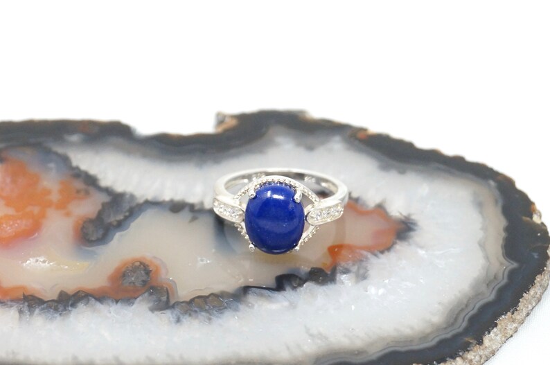 Beautiful Art Deco Style Blue Lapis Lazuli CZ Sterling Silver Ring Size 7-760894728