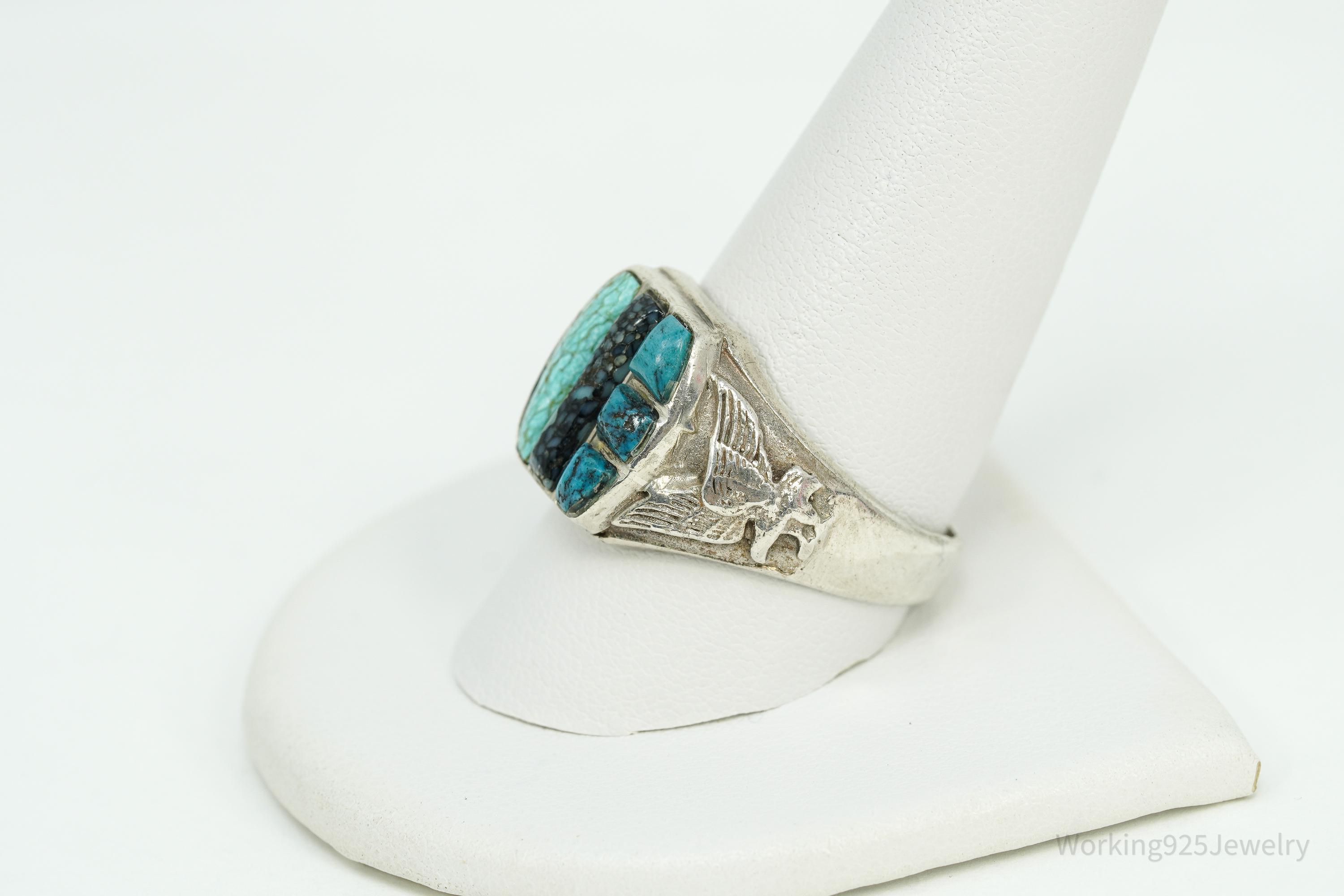 Vintage Native American Turquoise Inlay Sterling Silver Ring - Size 10. ...