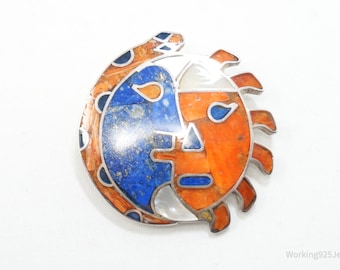 Vtg Large Handmade Peruvian Sun Moon 950 Silver Southwestern Brooch Pendant