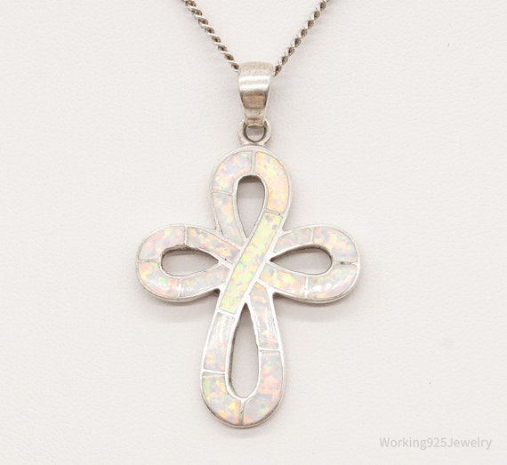 Vintage Opal Inlay Sterling Silver Cross Necklace - image 3