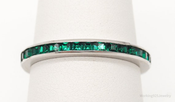 Vintage Green Crystal Sterling Silver Band Ring -… - image 1