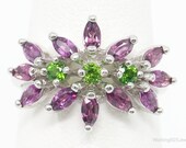 Rhodolite Garnet Green Cubic Zirconia Sterling Silver Ring - Size 6.5 Adjustable