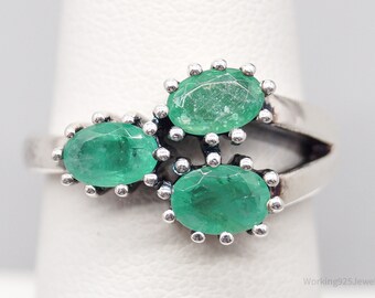 Bague Vintage Argent 925/1000 Chevalière - Pierre Verte (Zircon) Taille 60, Style Griffe - Bijou Ancien