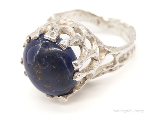 Vintage Modernist Brutalist Sodalite Silver Ring … - image 1