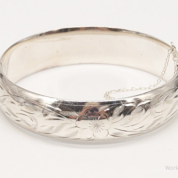 Vintage Ladye Fayre Floral Etched Sterling Silver Bangle Hinged Bracelet