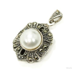 Vintage Pearl & Marcasite Art Deco Locket Sterling Silver Pendant