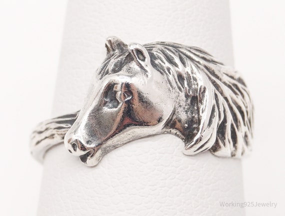 Vintage Equestrian Horse Silver Ring - Size 7.75 - image 1