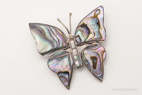 Large Vintage Paua Abalone Shell Butterfly Sterli… - image 5