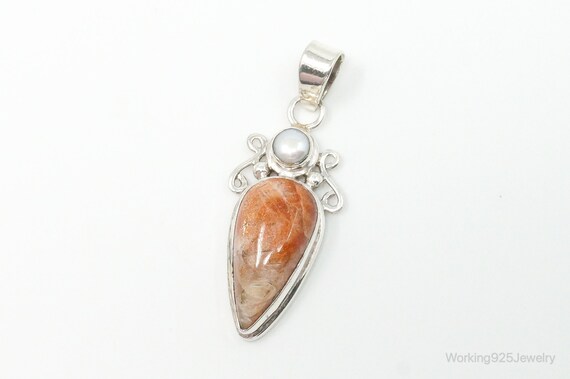 Large Vintage Sunstone Pearl Sterling Silver Pend… - image 2