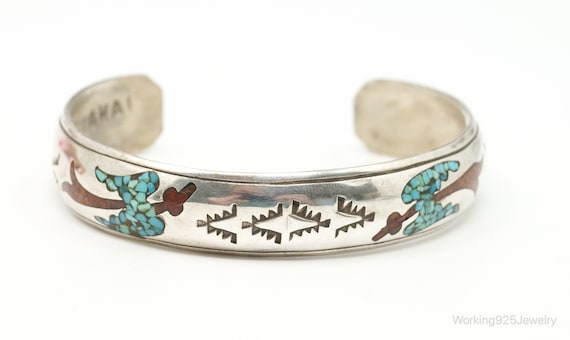 Thicker Nakai Vintage Native American Navajo Turquoise Inlay Sterling Silver Bracelet Thicker Nakai Vintage Native American Navajo Turquoise Inlay Sterling Silver Bracelet