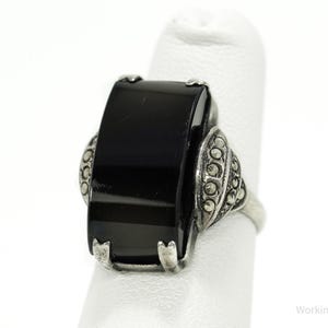 Antique Art Deco Black Onyx & Marcasite Sterling Silver Ring - Size 4.5