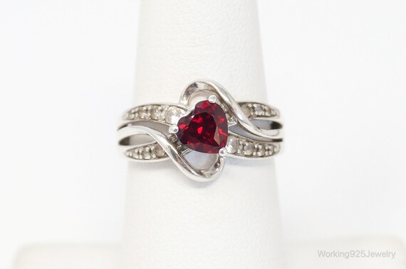 Vintage Ruby Heart Cubic Zirconia Sterling Silver… - image 2