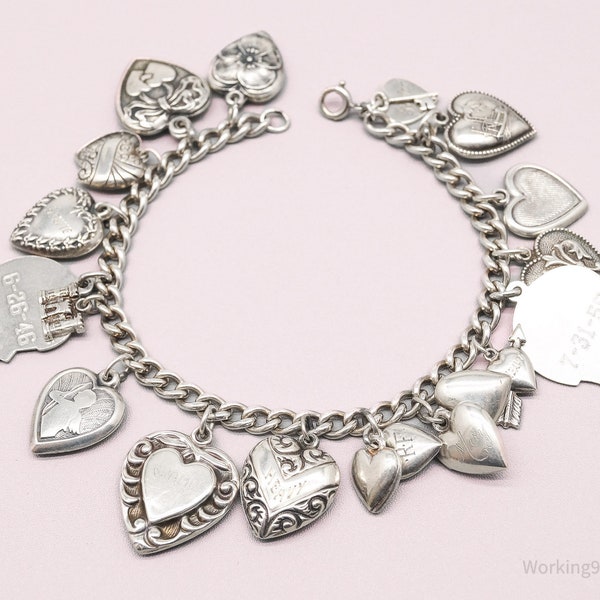 Antique Vintage Puffy Hearts Charms Sterling Silver Charm Bracelet