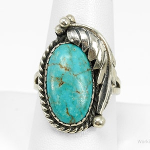 Vintage Native American Turquoise Silver Ring - Size 9.5