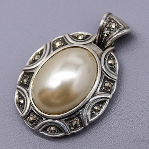Vintage Faux Pearl Marcasite Sterling Silver Pendant