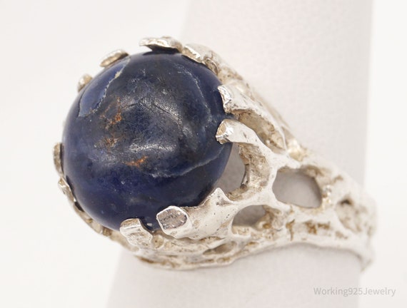 Vintage Modernist Brutalist Sodalite Silver Ring … - image 4