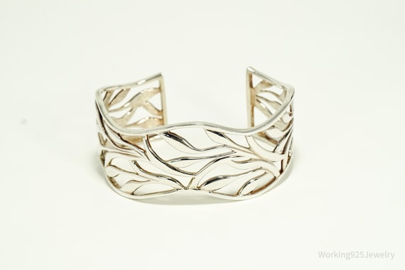 Vintage Leaf Pattern Sterling Silver Cuff Bracele… - image 2