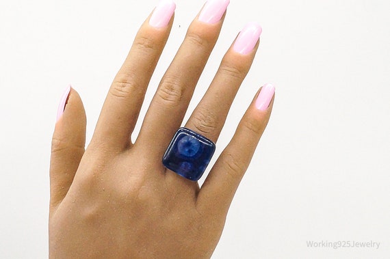 Vintage Blue Glass Sterling Silver Ring - Size 7.… - image 8